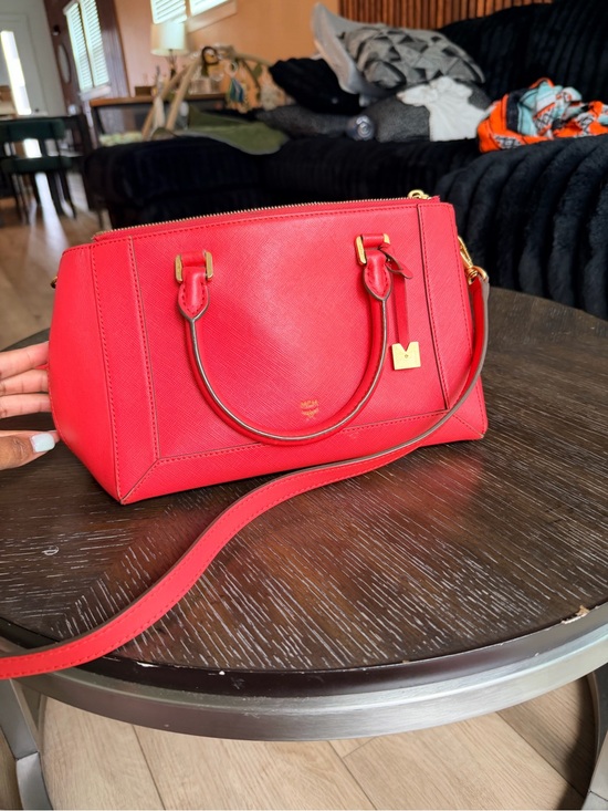 MCM Handbags - MCM Red Saffiano Leather Satchel Crossbody Bag Gold Hardware